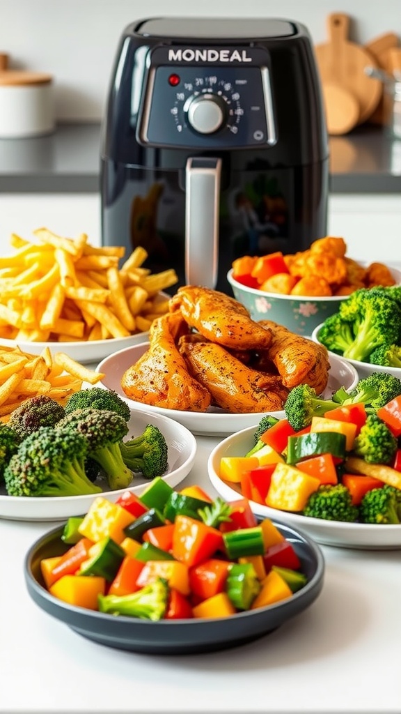 An assortment of air-fried dishes including fries, chicken wings, broccoli, and mixed vegetables, prepared using the Mondial 8L Air Fryer.